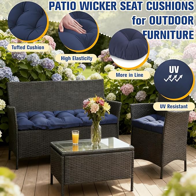 Wicker Furniture Cushions Set, Waterproof Patio Cushions for Outdoor Chairs 3 Pieces, 1 Loveseat & 2 Seat Pads Thick Outdoor Replacement Cushions for Porch Lawn Bench Couch Sofa, Navy Blue