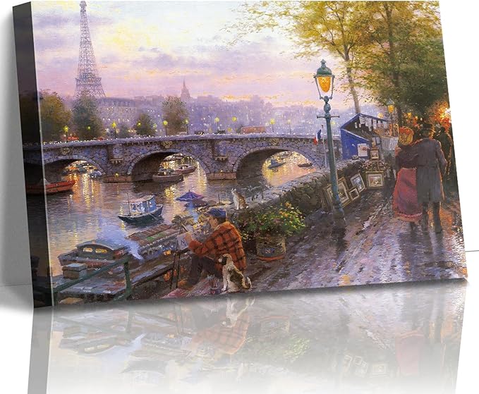 STUDIO HAVEN Thomas Kinkade Canvas Wall Art, Paris Riverbank Eiffel Tower Painter Dog Art Stall Seine River at Dusk Oil Painting Poster Cityscape Wall Decor, Framed Prints for Home Decor, 36x24Inch