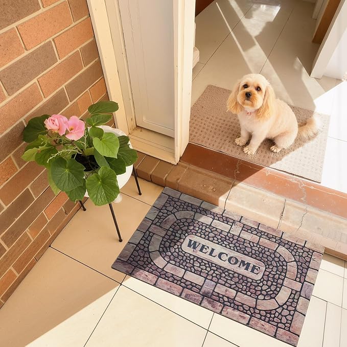 Welcome Mat Front Door Mat Indoor Outside Entrance, Absorbent Heavy Duty Doormat with Non Slip Backing Entryway Rug for Front Back Door, 24x36, Cobble Print