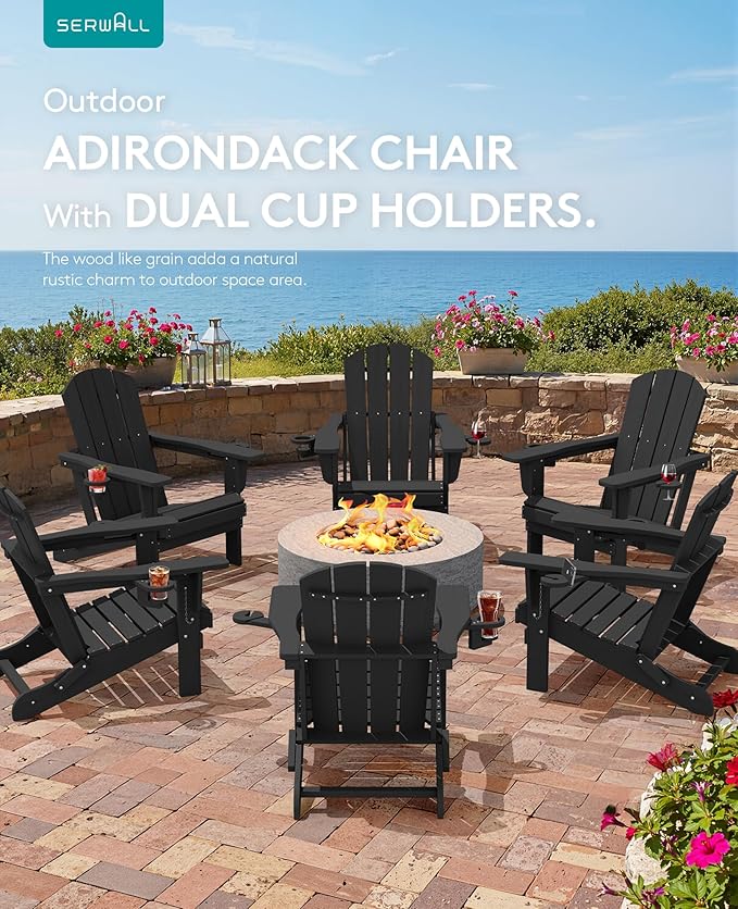 SERWALL Folding Adirondack Chair, Dual Cup Holders, Wood-Like Patio Chair for Backyard, Camping，Pool & Fire Pit- Black