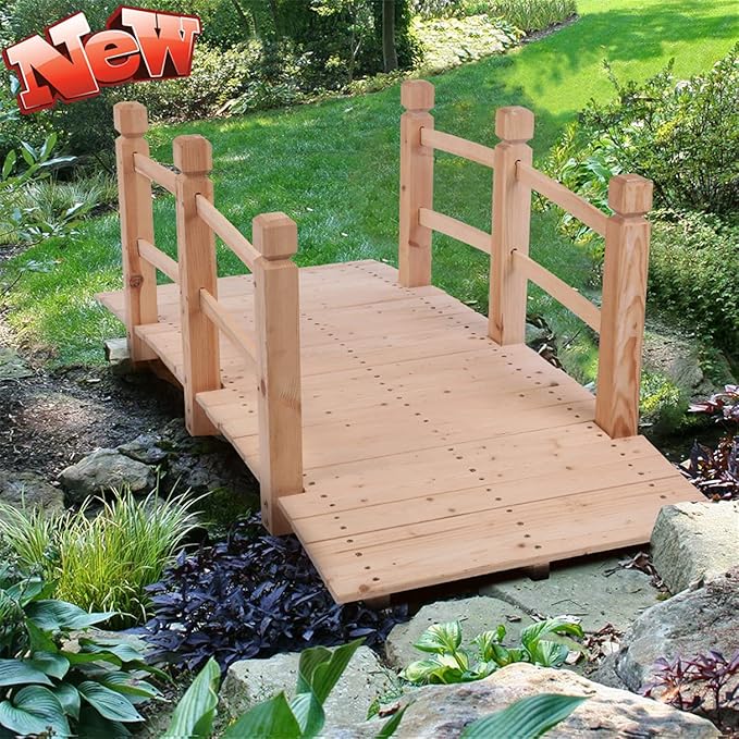 LEEXCCOS Higher Quality & Stronger Wooden Garden Bridge for Outdoors 5ft, More Durable Landscape Arch with Safety Railsm, 500lbs Capacity Decorative Pond Bridge (Natural Wood)