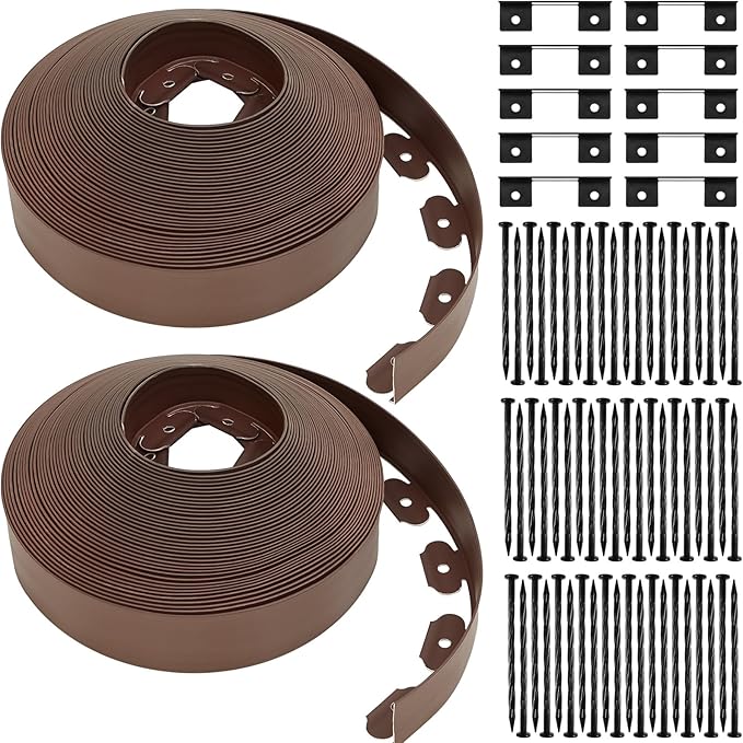 Sasylvia 2.5'' x 200' Landscape Edging Kit Edging Border Coil Include 120 Anchoring Spikes 10 Connectors Plastic Garden Border for Lawn Garden Grass Yard Home(Brown)