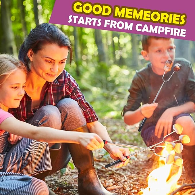 Marshmallow Roasting Sticks Set of 5 -Telescoping Long Smores Sticks for Fire Pit, Hot Dog Sticks for Campfire Grill Bonfire Party Supplies -With Santa Storage Sack