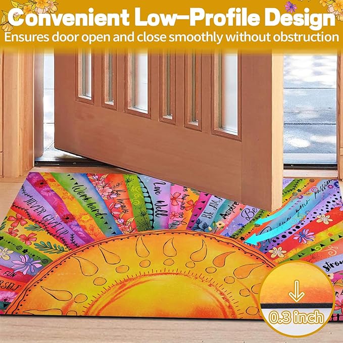 Likiyol Boho Sun Door Mat Outside Entrance, Colorful Floral Welcome Mat Front Door Mat Inspirational Quotes Non Slip Doormat Outdoor Indoor Entrance, Low Profile, Absorbent, 24" x 36"