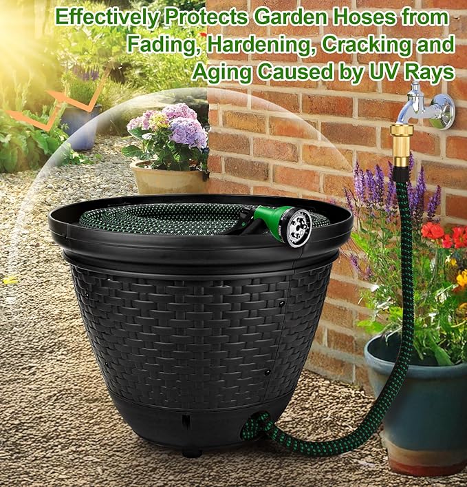 Riokko Garden Hose Holder Pot, Decorative Wicker Hose Holder, Water Hose Storage for Outside/Garage, Hose Box Fits 100-400 FT Hoses with 5 Drain Holes, Large Capacity & Assembly Required, Black
