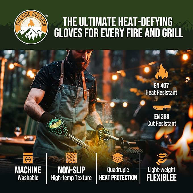 Fireside Outdoor Thermal BBQ Gloves Heat Resistant Cooking - Thermal Grill Gloves, Oven Mitts Heat Resistant, Oven Glove for Campfire Grilling, BBQ Mitts, Meat Smoking Accessories - 932°F Resistance