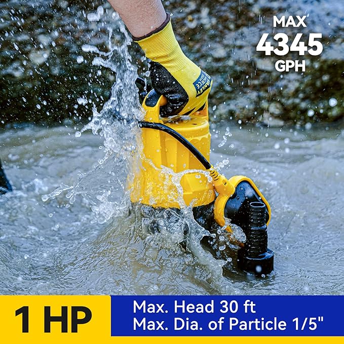 Acquaer Sump Pump Submersible Water Pump for Water Removal in Hot Tubs, Pools, Basements, and Garden Ponds, 1HP 4345GPH Float Switch
