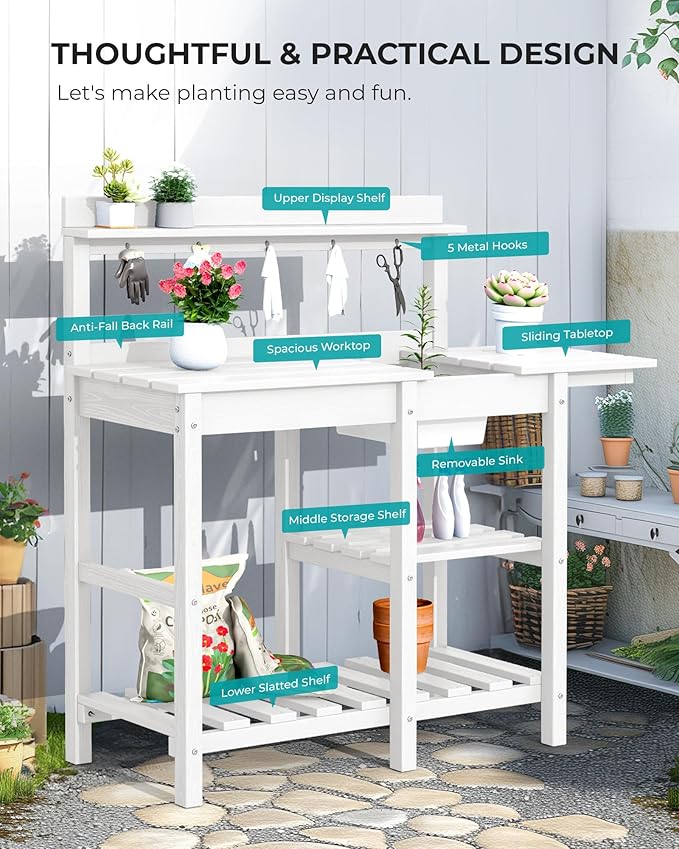 SERWALL Outdoor Potting Bench 2-Piece Set, Rot-Resistant HDPE Potting Table with Removable Sink for Outside Gardening, All-Weather Use - White
