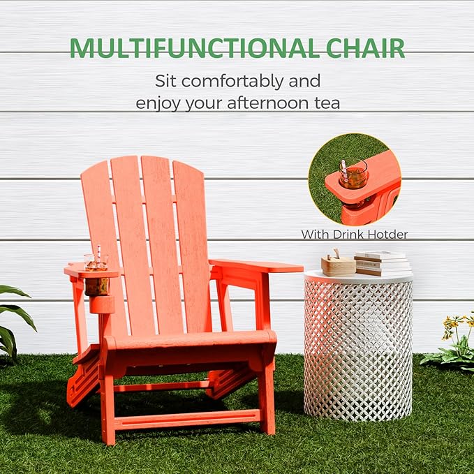 Adirondack Chairs Set of 2,Adirondack Chair with Cup Holder,Wooden Textured Plastic Fire Pit Chair,All-Weather Outdoor Patio Chairs for Lawn,Backyard Deck, Porch,400LBS Heavy-Duty,Orange