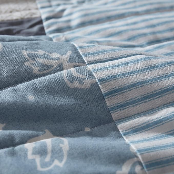 Wonderful 100% Cotton Patchwork Quilt King Size, Blue Beige Floral Stitch Bedding, Farmhouse Reversible Soft Pre-Washed Rustic Coverlet Bedspread for All Season 106"x94"