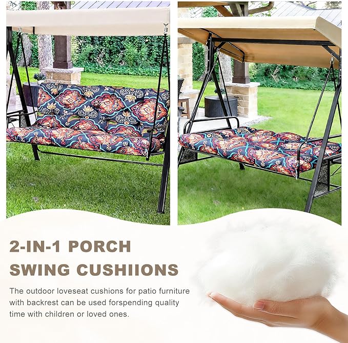 Porch Swing Cushion with Backrest,Waterproof Bench Cushion for Outdoor Furniture,2-3 Seater Replacement Thickened Swing Cushion with Ties,Patio,Outdoor,Backyard and Garden (Bohemian,40x40)
