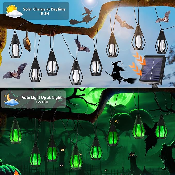 Solar String Lights for Outside, 21Ft Solar Patio Lights with 10 Flickering Flame Light Bulbs, Waterproof Green Solar Powered Outdoor Lights for Garden Yard Patio Gazebo Bistro Cafe Porch Party Decor