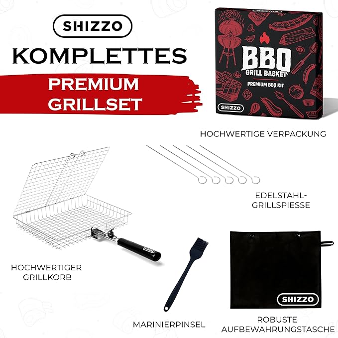 SHIZZO Grill Basket Set, Barbecue BBQ Grilling, Stainless Steel Folding Portable Outdoor Camping Rack for Fish, Shrimp, Vegetables, Cooking Accessories, Gifts for Dad, husband, Friends