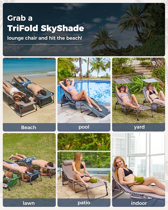KingCamp Tanning Chair with Face Hole, Lounge Chairs Outdoor Folding Comfy Adjustable 5-Position Foldable Chaise Chaser with Canopy Shade for Outside Beach Patio, Blue/Grey