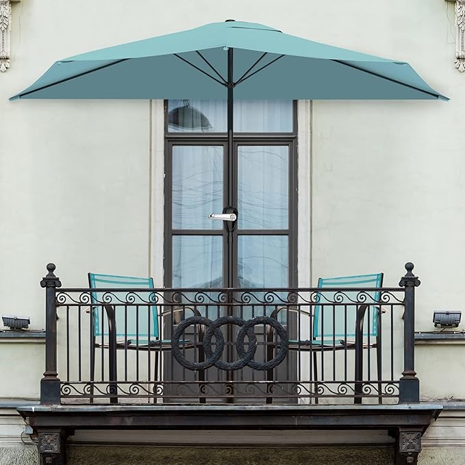 Half Umbrella Outdoor Patio Shade - 9 ft Patio Umbrella with Easy Crank - Small Canopy for Balcony, Table, or Deck by Pure Garden (Blue)