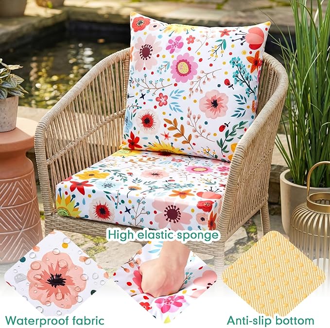 Hoteam 4 Set Outdoor Chair Patio Cushions Deep Seat Waterproof Chair Cushions 20 x 20 Inch for Patio Furniture Set Replacement Removable Seat and Back(Watercolor Flowers)