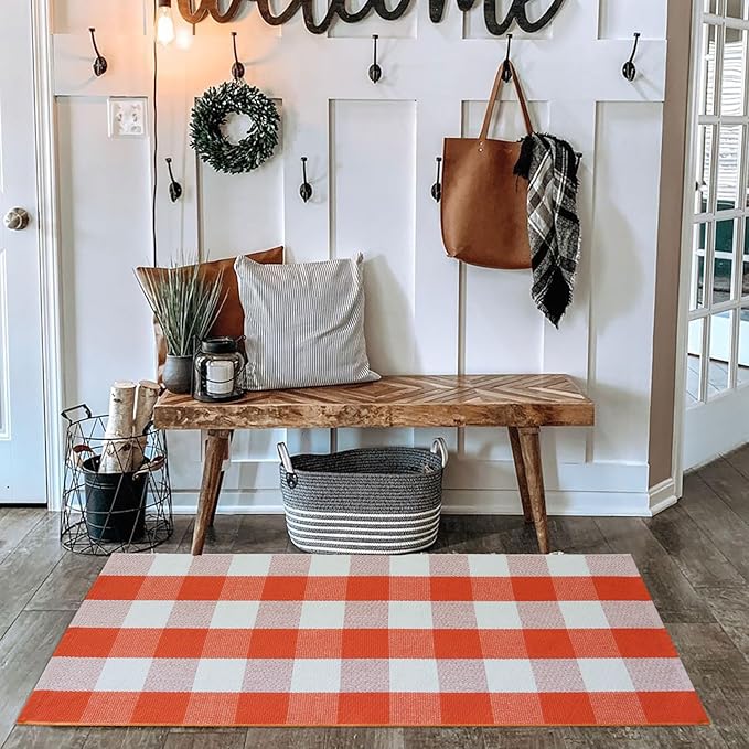 Fall Outdoor Rug Orange Buffalo Plaid Outdoor Rug Cotton Hand-Woven Buffalo Check Rug Layered Doormats for Front Door/Front Porch/Farmhouse/Entryway/Patio