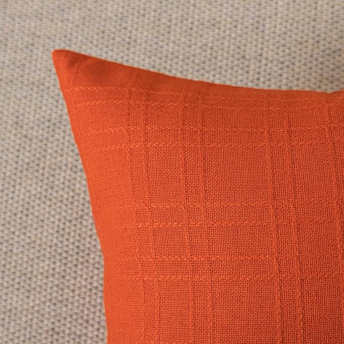 Kevin Textile Fall Outdoor Waterproof Throw Pillow Covers Decorative Farmhouse Water Resistant Checkered Cushion Covers for Tent Patio Garden Couch Sofa Pack of 2 (18x18 Inch Orange)