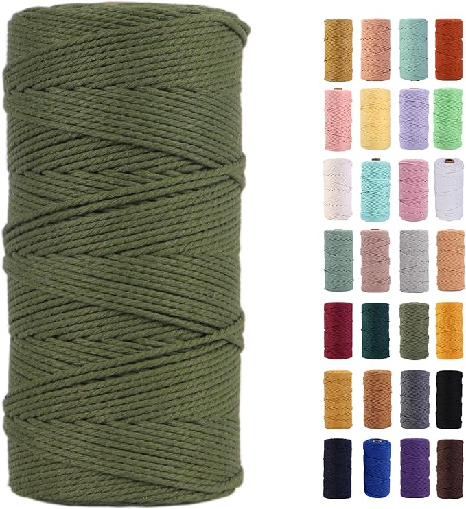 Olive Green Macrame Cord 2mm x 220Yards,Colored Cotton Rope Colorful Cotton Cord Soft Craft Cord Twine for Wall Hanging Plant Hangers Crafts Decorative Projects