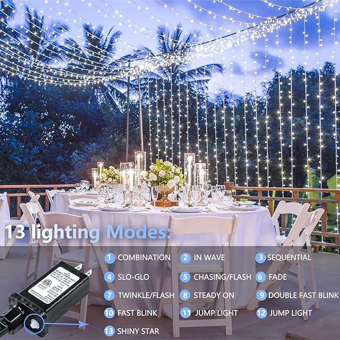 Extra-Long String Lights Outdoor Indoor, 300 LED Super Bright Christmas Lights Clear Wire, Waterproof 13 Modes Plug in Twinkle Fairy Light for Bedroom Party Wedding Garden Christmas (Cool White)