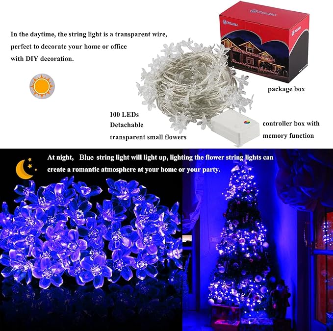 FULLBELL Flower String Lights Christmas Blue 33 Feets 100 LED Memory String Indoor Outdoor Fairy Bedroom Wedding Party Tiktok Trends Items (Blue)