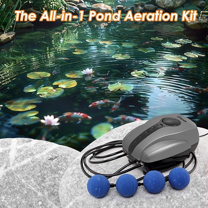 Pond Aeration Kit Pond Aerator Pump with Check Valves Air Stones Airline Tubing, All-in-1 Pond Air Pumps for Outdoor Ponds up to 2000 Gallon