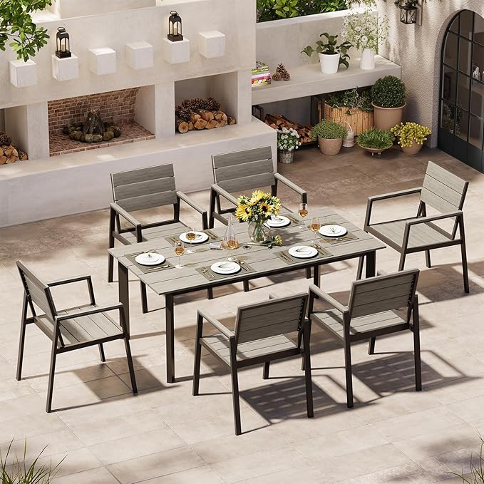 Outdoor Dining Set for 6, Aluminum Patio Table and Chairs Set with Umbrella Hole, 7 Pieces HDPS Outdoor Furniture Sets for Patio, Garden (Gray)