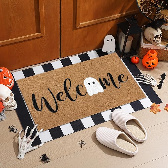 Tinideya 2 Pcs Halloween Door Mat Ghost Welcome Non Slip Coir Mats Cute Black White Stripe Floor Layering Doormats Seasonal for Front Porch Entryway Decor(White Ghost)