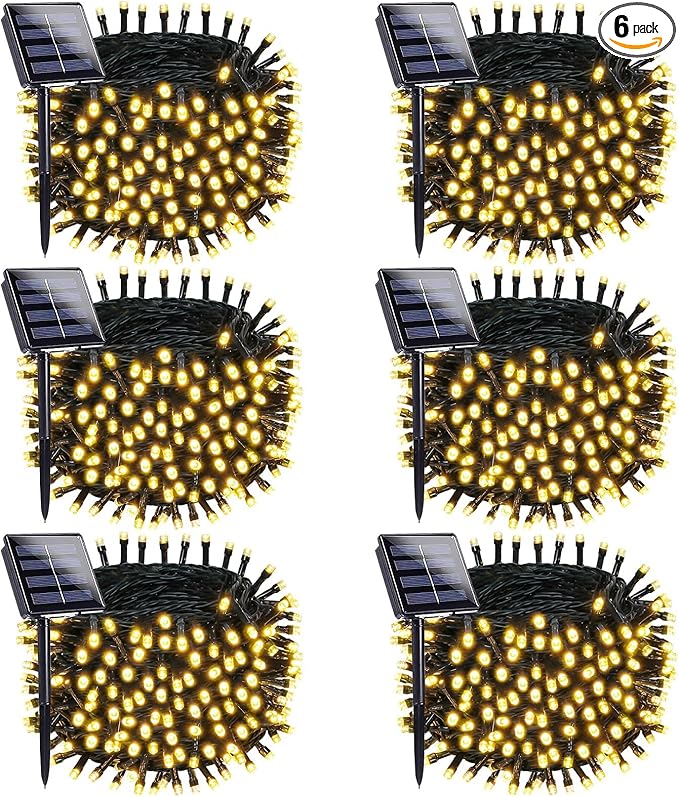 OZS 6 Pack 480LED Solar Christmas String Lights Outdoor, Waterproof 8 Modes Solar Tree Light, Green Wire Christmas Lights Outdoor for Garden, Party, Wedding, Christmas Decorations (Warm White)