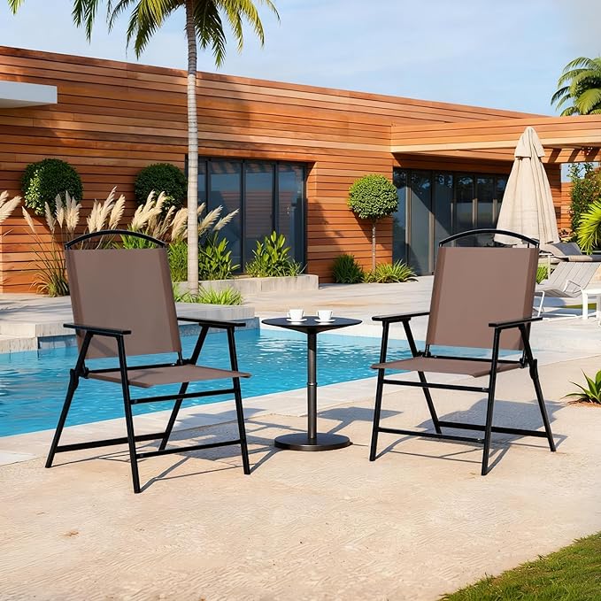 Outdoor Folding Patio Dining Chairs Set of 4 With Armrest Heavy-Duty Lightweight Protable Foldable Patio Sling Chair for Garden Lawn Poolside Backyard Deck Bistro Balcony Sillas Furnitures(4, brown)