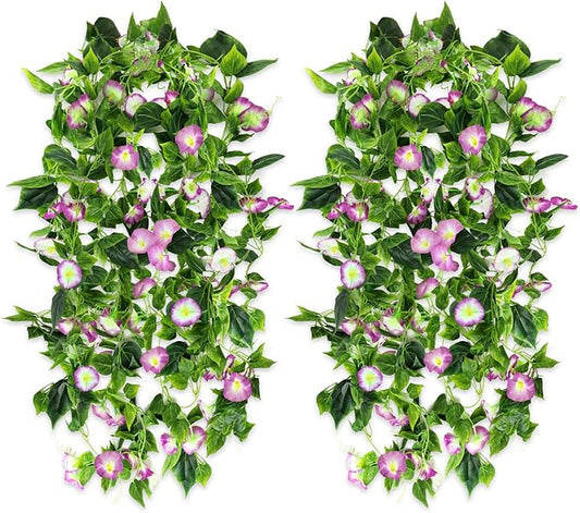 AirSun Artificial Morning Glory Flower Vines, 2pcs 15Feet Hanging Plants Silk Garland Fake Green Plant Home Garden Wall Fence Indoor Outdoor Wedding Birthday Decor
