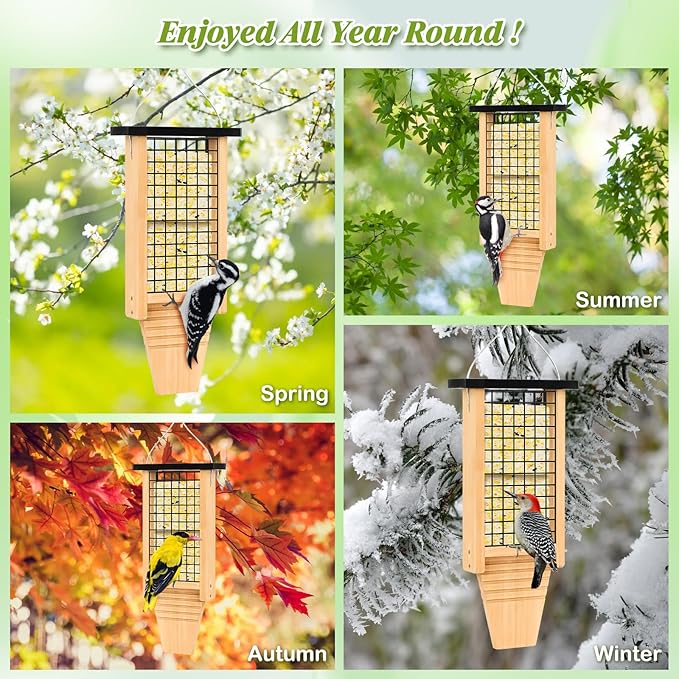 Wooden Suet Bird Feeder for Outside Hanging, Large Woodpecker Suet Feeder with Tail Prop, Double Suet Cakes Hanging Bird Feeder for Wild Birds, 1 Pack, Black