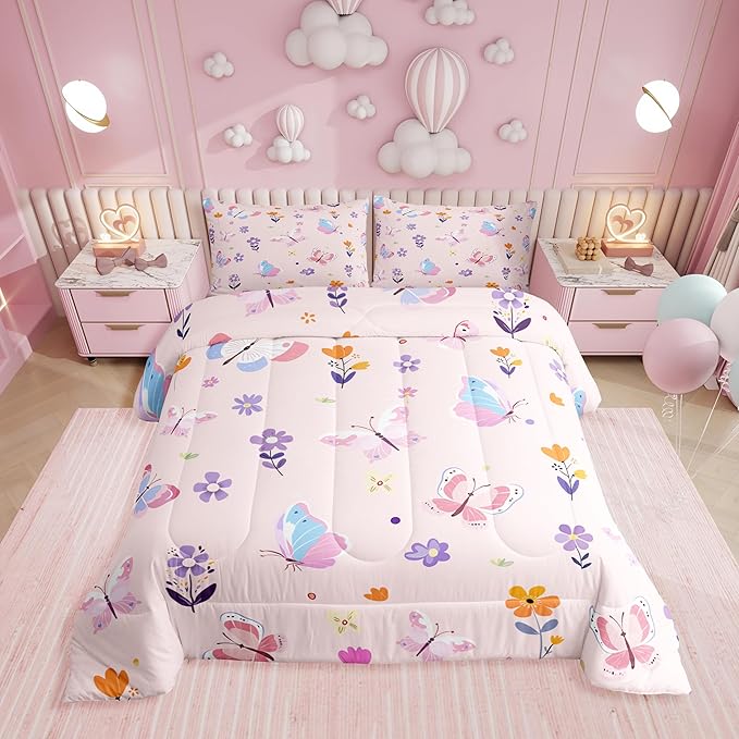 Erosebridal Cute Pink Floral Queen Comforter Set,Butterfly Kawaii Bedding Sets for Girls Kids,Flower Garden Quilt Bed Set,Coquette Girly Flowers Bedroom Decor,2 Pillowcases Lightweight