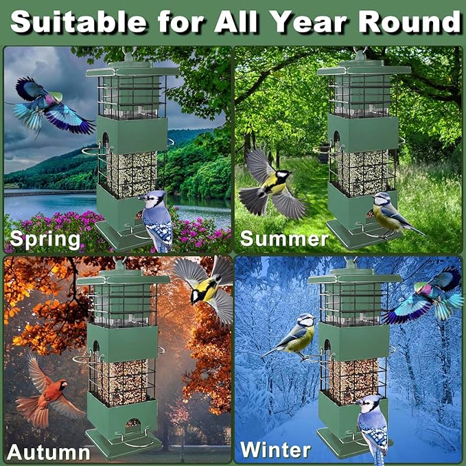 Bird Feeder Squirrel Proof for Outdoors Hanging, 3Lbs Metal Heavy Duty Birds Feeder with 4 Feeding Ports, Birdseed Feeder for Cardinal, Finch, Sparrow, Wild Birds (Green)