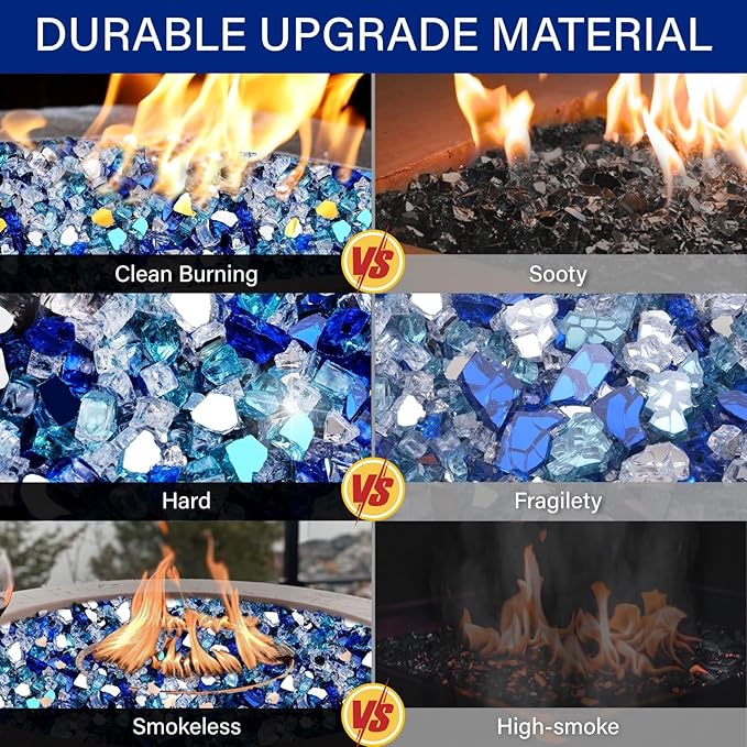 NUPICK 20 Pound Fire Glass for Fire Pit, 1/2 Inch Tempered Mixed Fire Glass in Bahama Blend for Propane Fire Pit & Gas Fireplace, Blue and White Fire Glass Rock