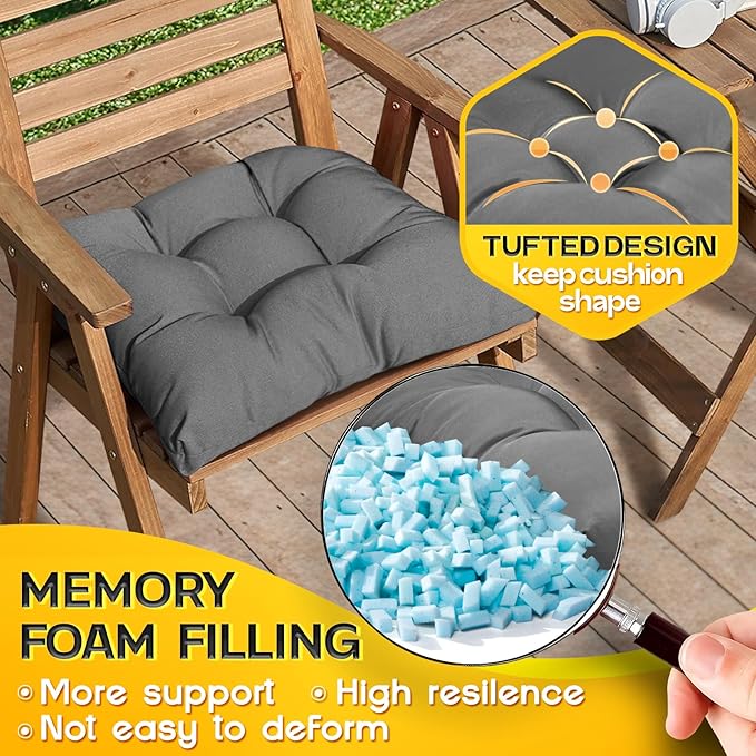 MAGIC ELEPHANT Outdoor Chair Cushions Set of 2, Memory Foam Seat Cushion Pads for Wicker Chair and Patio Furniture, 19 x 19 Inches (Grey)