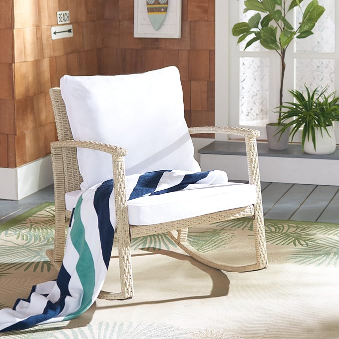 SAFAVIEH Outdoor Collection Daire Woven Beige/White Cushion Rocking Chair for Patio Porch Backyard Sunroom