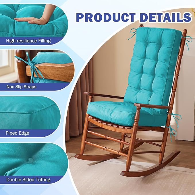 Rocking Chair Cushion, Waterproof and Fade-Resistant Patio Chair Cushions, Tufted Chair Pads for Rocker Furniture, 18x18 Inch, Indoor/Outdoor Seat Cushions with Ties, Teal Blue