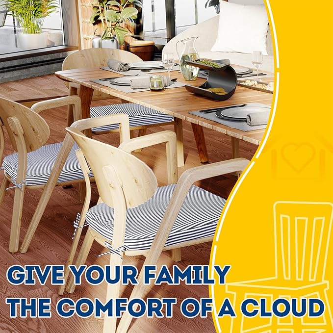 AAAAAcessories D-Shaped Chair Cushions, Featuring Ties and Removable, Machine-Washable Cover, 2'' Thick Seat Pads for Kitchen and Dining Rooms, 17'' x 16'', Set of 8, Pinstripe Dark Gray