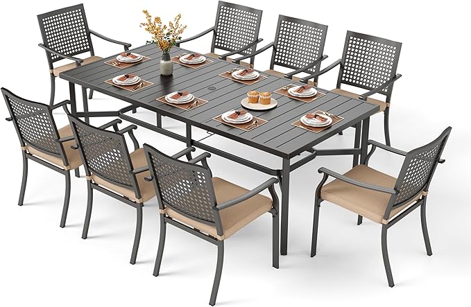 PHI VILLA 9 Pieces Outdoor Dining Set for 8, 83" Rectangular Metal Dining Table with Umbrella Hole & Stackable Wrought Iron Chairs with Cushions, Large Furniture Set for Patio, Deck, Yard, Porch