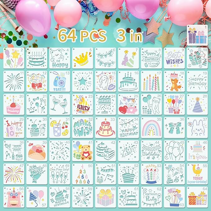 Birthday Stencils for Painting, 64PCS 3x3 Plastic Stencils for Crafts Reusable with Cake & Bear Patterns, Perfect for DIY Cards, Gifts & Party Decorations