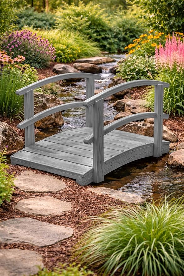 4 FT Grey Amish Made Garden Bridge with Double Rails for Walkway, Backyard Pond & Landscaping, Outdoor Wooden Footbridge for Koi Pond, Japanese Style Decorative Bridge, Made in USA