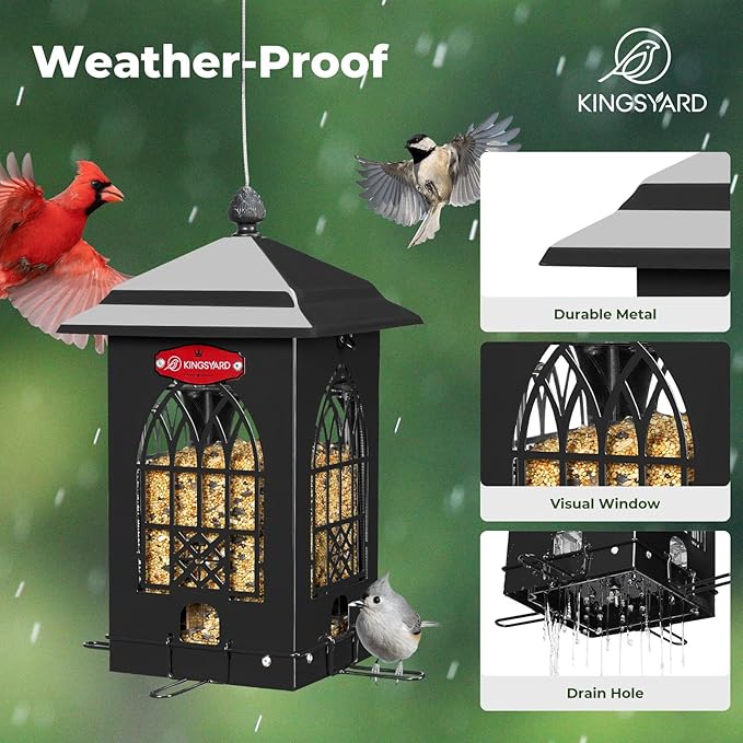 Kingsyard Squirrel Proof Bird Feeders for Outdoors with Weight-Activated Perches, 5 Lbs Capacity Large Metal Bird Feeder House for Small Wildbirds Cardinal Finch Bluebird, Weatherproof, Sequin Black