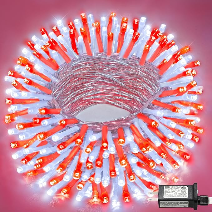 100FT 300 LED Outdoor String Lights, Connectable Christmas Lights Indoor Waterproof with 8 Modes, Plug in Twinkle Fairy Lights Clear Wire for Bedroom Home Wedding Patio Decorations, Red and White