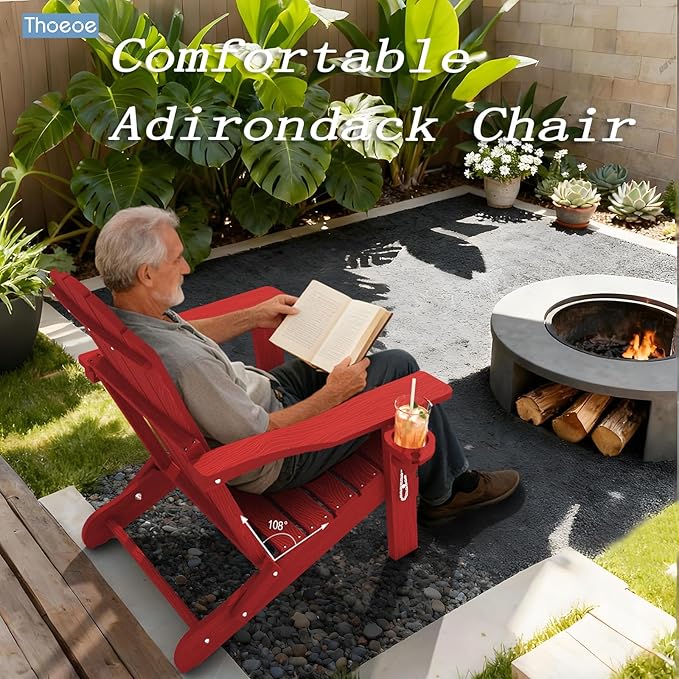 Folding Adirondack Chair Set of 4,HDPE All-Weather Outdoor Chair with Cup Holder,Wooden Textured,Fire Pit Chair,Plastic Patio Chair for Deck,Backyard,Garden,Lawn(Red)