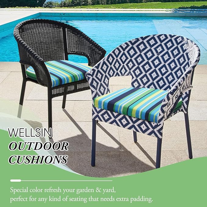 Wellsin Outdoor Chair Cushions for Patio Furniture - Patio Chair Cushions Set of 4 - Water Resistant Round Corner Outdoor Seat Cushions 17"X16"X2", Stripe 01