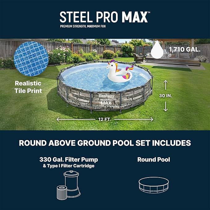 Bestway Steel Pro MAX 12' x 30" Above Ground Pool, Round Metal Frame Outdoor Swimming Pool Set with Filter Pump & Type I Cartridge, Stone Print