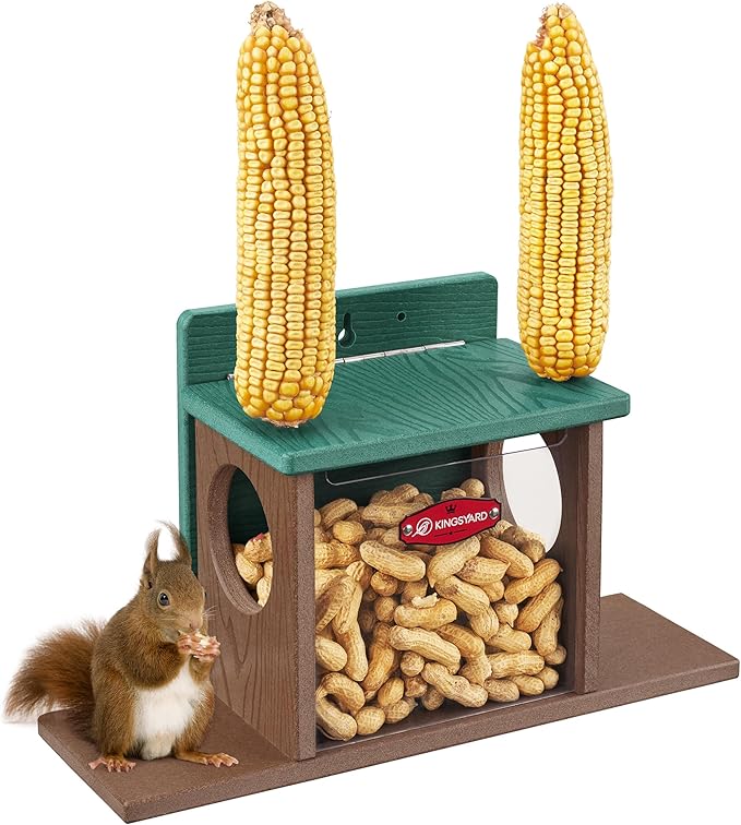 Kingsyard Squirrel Feeder Box for Outside, Recycled Plastic Squirrel Feeder Box with Corn Cob Holders, Easy to Refill & Clean, Weather-Proof Roof (Green)