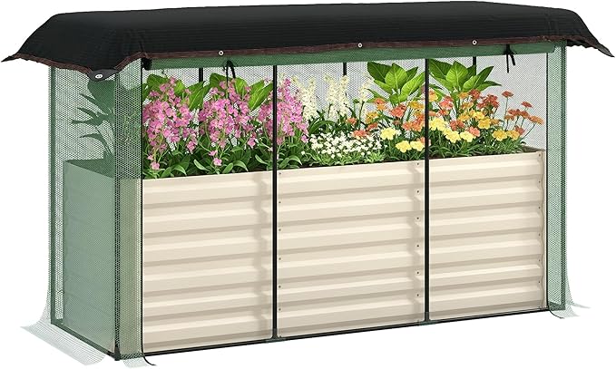 Outsunny 5.9 x 2 x 1.9 ft Galvanized Raised Garden Bed with Crop Cage Plant Protection Net and Shade Cloth Roof, Metal Planter Box with Cover for Vegetables, Flowers, Herbs, Beige