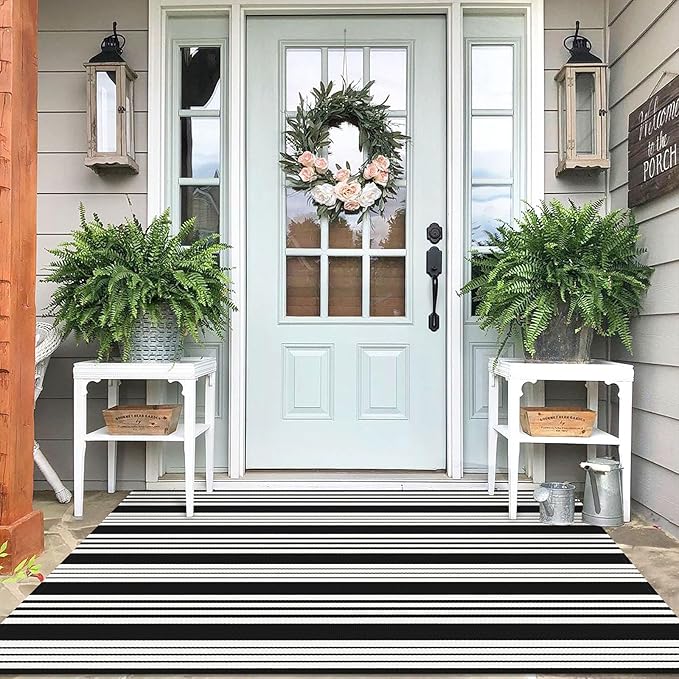IOHOUZE Black and White Striped Rug 4'x6' Outdoor Rugs, Washable Area Rug for Double Front Door, Large Patio Rug Outdoor Indoor, Doormat for Entryway Porch Entrance